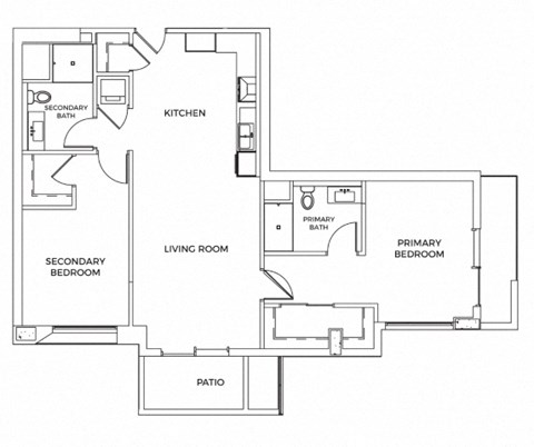 A black and white floor plan of a house with a kitchen, living room, two bedrooms, a bathroom, and a patio.